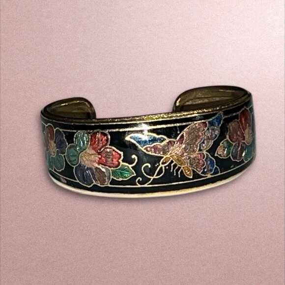 Vintage Cloisonné Enamel Butterfly & Floral Design Cuff Bracelet Gold Tone Adjus - Picture 1 of 8